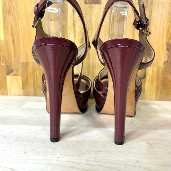 Pour le Victoire Burgundy Patent Leather Platform Strappy Heels 9 - Picture 7 of 12